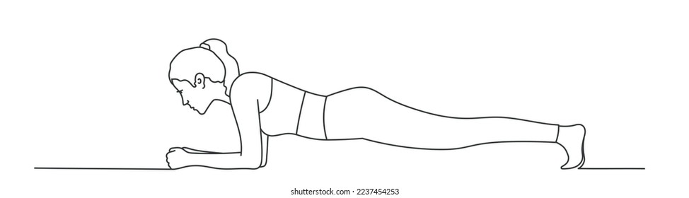 Young woman doing plank exercise. Hand drawn vector illustration.