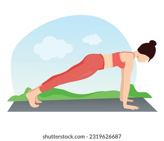 Young woman doing Plank Pose, Kumbhakasana yoga, practicing Phalakasana.