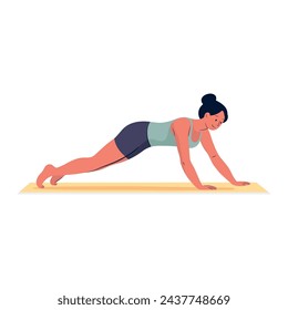 Young woman doing plank pose or kumbhakasana yoga practicing phalakasana, fitness exercise on mat. Flat vector illustration isolated isolated on white.