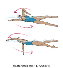 young woman doing pool swim training exercise - front crawl / freestyle swimming correct form - colour vector series