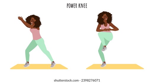 Young woman doing power knee exercise. Feminism, self acceptance and liberty. Active lifestyle. Sport, wellness, workout, fitness. Flat vector illustration