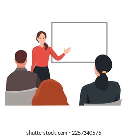 Young woman doing presentation. Group of business workers smiling happy and confident in a meeting. Flat vector illustration isolated on white background