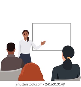 Mujer joven haciendo presentaciones. Grupo de trabajadores de negocios sonriendo felices y confiados en una reunión. Ilustración vectorial plana aislada en fondo blanco