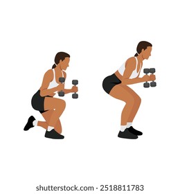 Young woman doing prisoner get up exercise with dumbbells for quads. Flat vector illustration isolated on white background