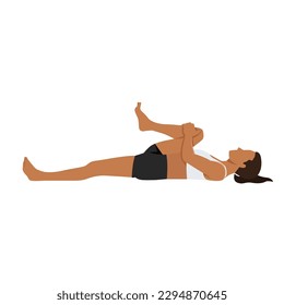 Young woman doing prone hamstring stretch or laying hamstring stretch. Flat vector illustration isolated on white background