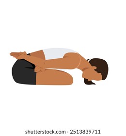 Young woman doing Psychic Union Pose or Yoga Mudrasana yoga exercise. Flat vector illustration isolated on white background