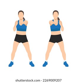 Young woman doing punching exercises. Fitness woman working on martial arts punches at a gym. Flat vector illustration isolated on white background