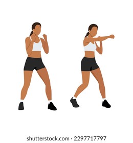 Young woman doing punching exercises. Fitness woman working on martial arts punches at a gym. Flat vector illustration isolated on white background