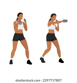 Young woman doing punching exercises. Fitness woman working on martial arts punches with dumbbell. Flat vector 