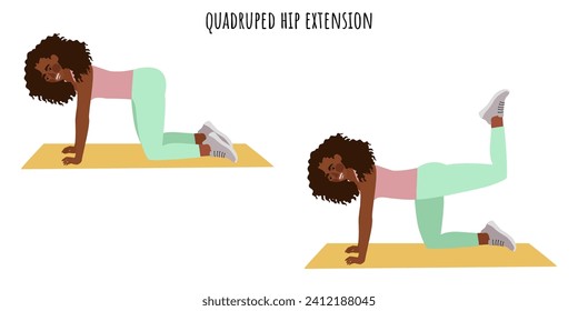 Mujer joven haciendo ejercicio cuadrático de extensión de cadera. Feminismo, autoaceptación y libertad. Estilo de vida activo. Deportes, wellness, entrenamiento, fitness. Ilustración vectorial plana