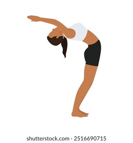 Jovem fazendo Pose de braços levantados, Pose de mãos levantadas ou Hasta Uttanasana. Ilustração de vetor plano isolada no plano de fundo branco