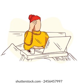 Young woman doing research work for her business while sitting on the sofa, sad tired girl surfing the internet during free time at home. Vector flat illustration