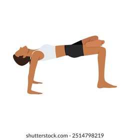 Jovem mulher fazendo mesa reversa superior posar pernas na figura quatro ou Ardha Purvottanasana Pada Ardha Utkatasana. Ilustração de vetor plano isolada no plano de fundo branco