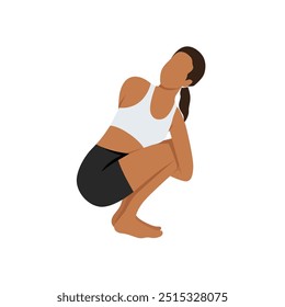 Young woman doing Reverse Table Top Pose Legs In Figure Four or Ardha Purvottanasana Pada Ardha Utkatasana. Flat vector illustration isolated on white background