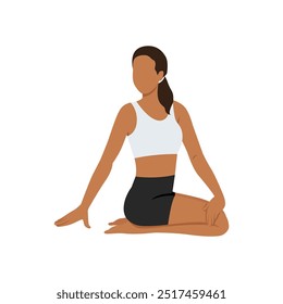 Jovem mulher fazendo a Pose do Trovão Revolvido ou Parivrtta Vajrasana. Ilustração de vetor plano isolada no plano de fundo branco