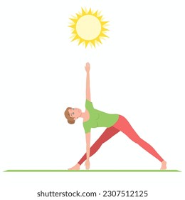 Junge Frau, die Revolvierte Triangle Yoga Pose. Ihre Hand zeigt auf die Sonne im Zenit. Konzept 21. Juni Internationaler Tag des Yoga und dasselbe Datum Sommer Solstice. Vektorgrafik.