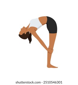 Jovem fazendo Rising Standing Cobra Pose ou Utthita Stiti Bhujangasana exercício de ioga. Ilustração de vetor plano isolada no plano de fundo branco