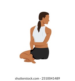 Jovem mulher fazendo sânscrito Sage Pose ou Bharadvajasana ou bharadvaja twist. Ilustração de vetor plano isolada no plano de fundo branco