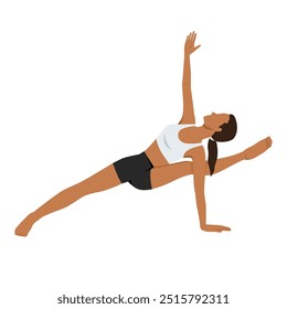 Jovem mulher fazendo Sage Visvamitrasana Pose Variation ou Visvamitrasana Variation. Ilustração de vetor plano isolada no plano de fundo branco