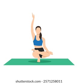 Young woman doing samatvamasana sitting on rug on floor. Complicated asana. Flat vector illustration isolated on white background