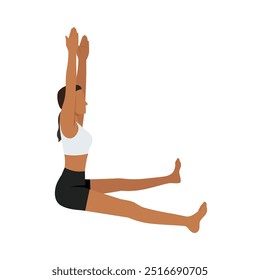 Jovem mulher fazendo sentado Straddle Pose Braços levantados ou Upavistha Konasana Uttana Hasta. Ilustração de vetor plano isolada no plano de fundo branco