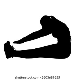 Young woman doing seated toe touch stretch exercise, silhouette. Vector illustration