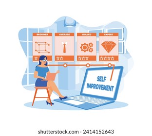 Young woman doing self-improvement test online. A girl in glasses looks at test results on her laptop. Self-improvement concept. Flat vector illustration.