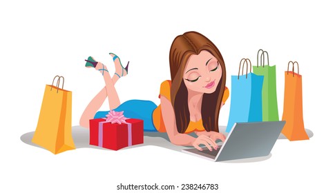 Young woman doing shopping on the Internet, lying on the floor,  bags, laptop, floor,  clothing, slim, hobbies,  ordering, business, drawing, one, elegant, and, illustration, shopping, boxes