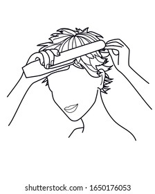 Young woman doing short hairstyle with hair iron. Vector illustration.