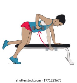 Young Woman Doing Shoulder Exercise - Dumbbell Single Arm Bent Over Row Kneeling On Bench - Colour Vector Series