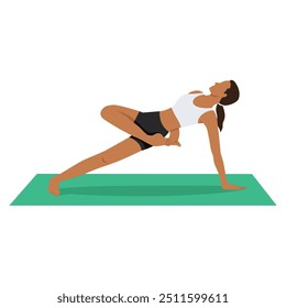 Jovem mulher fazendo variação de prancha lateral girada meia vinculada Pose ou Vasisthasana Variação Parivrtta Ardha Baddha Asana. Ilustração de vetor plano isolada no plano de fundo branco