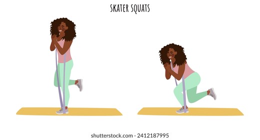 Young woman doing skater squats exercise. Feminism, self acceptance and liberty. Active lifestyle. Sport, wellness, workout, fitness. Flat vector illustration