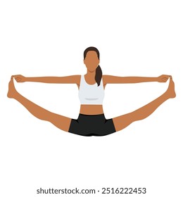 Mujer joven que hace la pose de la columna vertebral, la pose de la horcajada sentada hacia arriba, la pose de equilibrio del oso o Merudandasana. Ilustración vectorial plana aislada sobre fondo blanco