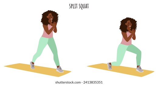 Mujer joven haciendo ejercicio de squat dividido. Feminismo, autoaceptación y libertad. Estilo de vida activo. Deportes, wellness, entrenamiento, fitness. Ilustración vectorial plana