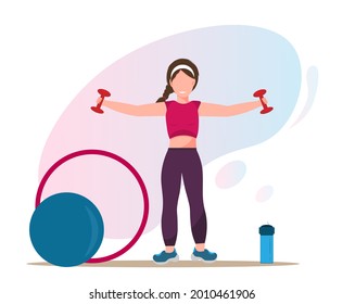 A young woman doing sport exercises with dumbbells, healthy lifestyle concept, flat vector illustration