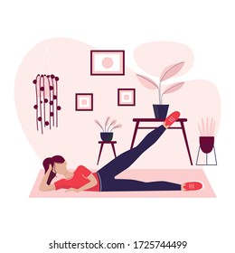 A young woman is doing sport at home. Exersises at home. Healthy lifestyle in quarantine. Sports at home. Home activities. Flat design. Vector ilustration.