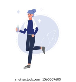Young Woman Doing Sports and Drinking Fresh Clean Water from Bottle to Keep Body Healthy Vector Illustration