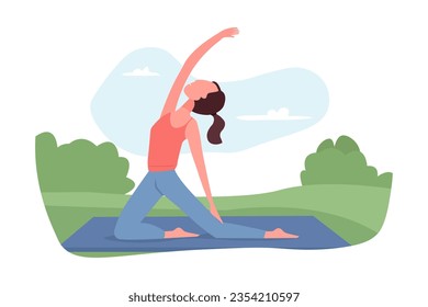 Young woman doing sports exercises in nature. Yoga practice. Healthy lifestyle. Outdoor sports. Isolated vector illustration.