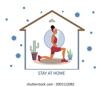 A young woman is doing sports at home in quarantine. Preventing the spread of coronavirus. Stay at home and be healthy. Sports at home. Vector illustration in cartoon style.