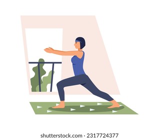 Young woman doing sports at home. Workout time. Active and healthy lifestyle. Yoga and fitness. Training indoor. Weightloss process. Vector flat illustration