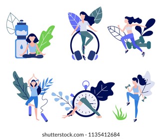 Young woman doing sports set - flat female character practicing yoga and cardio trainings against decorative leaves and equipment - healthy and active lifestyle concept in vector illustration.