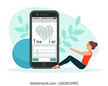 Young woman doing sports using workout app on smartphone, online cardio training program. Healthy active lifestyle concept cartoon vector