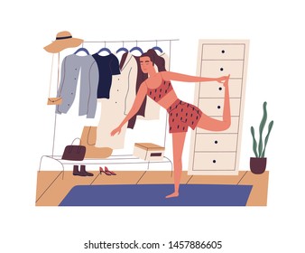 Young woman doing sports workout in morning. Cute happy girl performing gymnastic exercise at home. Start of working day, everyday life, daily activity. Flat cartoon colorful vector illustration.