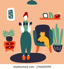 Young woman doing sports workout. Cute happy girl performing gymnastic dumbbell exercise at home. Flat colorful vector illustration