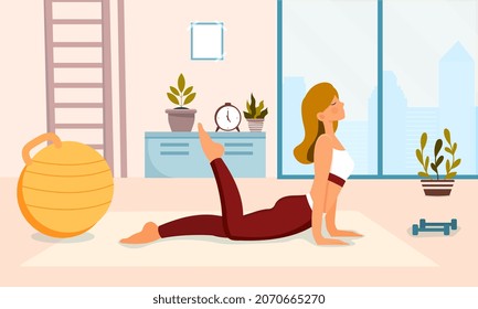 Young woman doing sports workout in morning concept. Female character does gymnastics, yoga or stretching. Girl performs physical exercises. Healthy lifestyle. Cartoon flat vector illustration