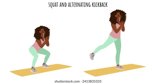 Young woman doing squat and alternating kickback exercise. Feminism, self acceptance and liberty. Active lifestyle. Sport, wellness, workout, fitness. Flat vector illustration