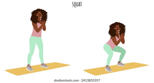 Young woman doing squat exercise. Feminism, self acceptance and liberty. Active lifestyle. Sport, wellness, workout, fitness. Flat vector illustration