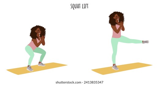 Young woman doing squat lift exercise. Feminism, self acceptance and liberty. Active lifestyle. Sport, wellness, workout, fitness. Flat vector illustration