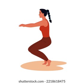 Young woman doing squats.  Girl squatting. Strength-training. Muscle mass. Healthy lifestyle. Flat vector illustration.