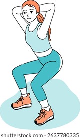 Young woman doing squats - line art fitness vector illustration